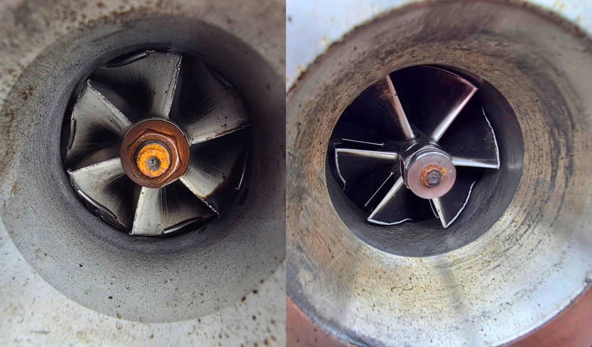 Damaged compressor wheels inside turbochargers replaced by Howard Motor Repairs